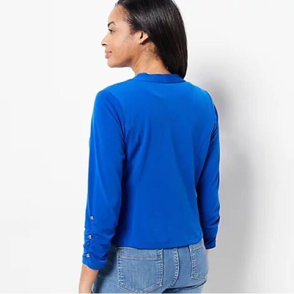 Susan Graver Liquid Knit Ruched Sleeve Shrug with Button Detail - Picture 3 of 7